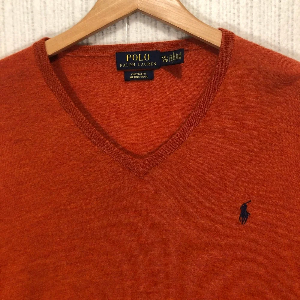 Polo Ralph Lauren Custom Fit Merino Wool V Neck Sweater Orange XXL